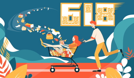 男人推着购物车奔跑-618购物节矢量插画