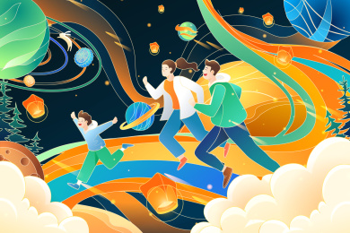 中秋节家人奔月矢量插画