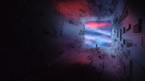 站在科幻通道尽头的人望着远方的天空