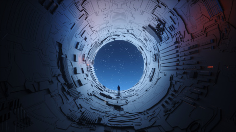 站在科幻通道尽头的人，三维渲染