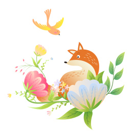 花丛中的卡通狐狸