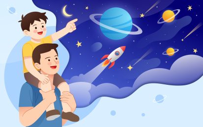 一个孩子坐在爸爸肩上指着太空