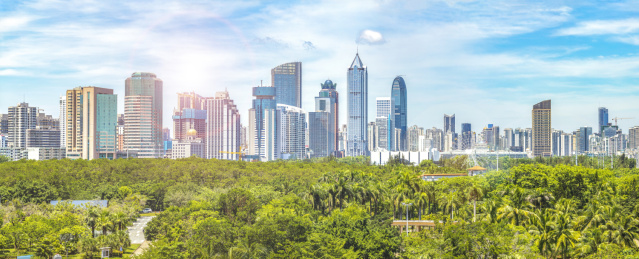 亚洲中国海南海口城市天际线风光