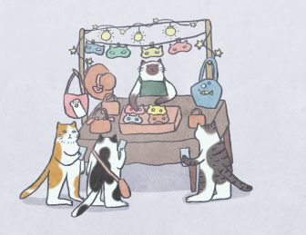 摆地摊卖包和帽子等生活用品的猫咪插图