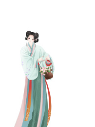 簪花仕女图之拿着花篮戴着面纱的海棠花少女