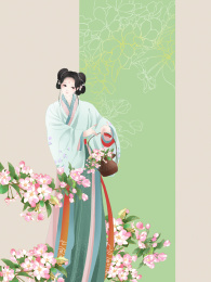 簪花仕女图之拿着花篮戴着面纱的海棠花少女
