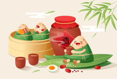 一个粽子坐在粽叶上喝酒