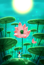夏至小女孩在荷花下的清新插画