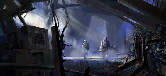 受到重创后的城市，医护人员在废墟上消毒。