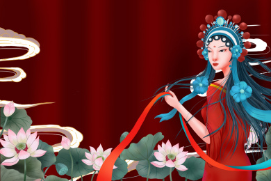 国潮中国风红色背景红衣花旦荷花丛中回眸