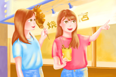 手绘插画——逛夜市