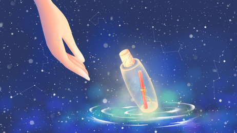 伸手欲触摸星空海中发光的漂流瓶，唯美插画