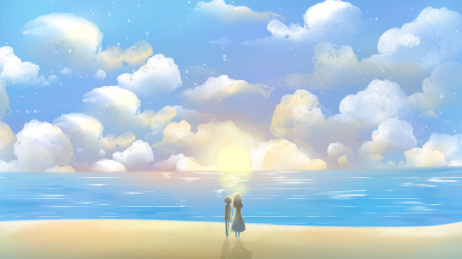 两位少女站在海边望着海面升起的太阳