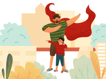 父亲节超人爸爸横版海报宣传单节日图插画