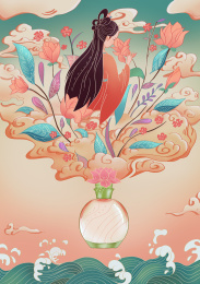 古风美女在祥云中闻花香