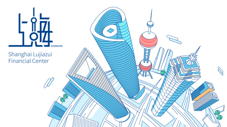 上海城市天际线，陆家嘴建筑群矢量插画