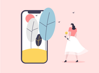 女生拿着一枝花向手机里走去