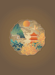 颜色复古的中国风山水插画在艺术框内