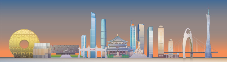 广州城市地标建筑天际线矢量插画