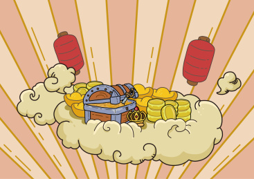 金币金元宝宝箱和皇冠漂浮在祥云上