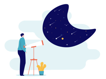 男生用望远镜看流星雨