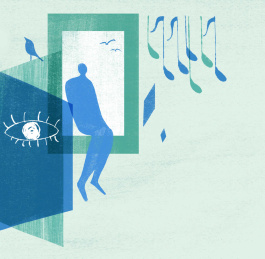 窗前听鸟鸣看风景的人物剪影插画