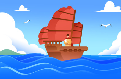 卡通手绘世界航海日男人站在船头插画