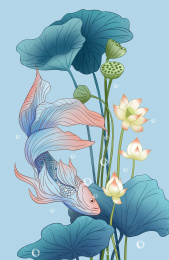 传统中国风荷花锦鲤手绘插画
