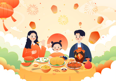 一家三口庆祝节日吃团圆饭矢量插画