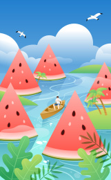 夏天水上划船的人和像山一样的西瓜