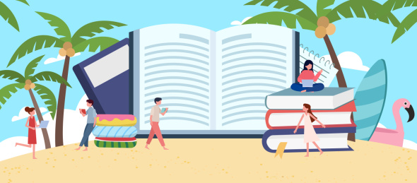 假期读书阅读在网上购物消费的插画背景