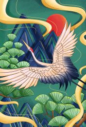 传统中国风飞翔丹顶鹤手绘插画