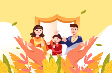 卡通手绘一家人三个人温馨相亲相爱插画