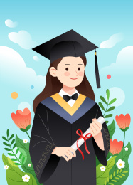 花丛中一个穿着学士服的女性拿着证书