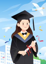 一个穿着学士服的女生站在教学楼前