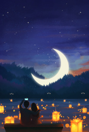 七夕的夜晚相拥自拍的情侣情人节插画