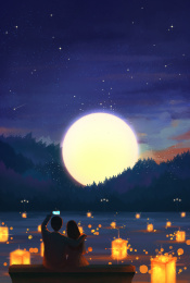 中秋节的夜晚相拥自拍的情侣插画