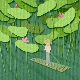 划竹筏穿梭于荷叶间剪纸风插画