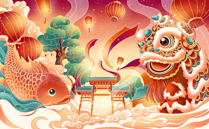 热闹的舞狮与鲤鱼跳跃的新年景象