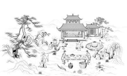 古代传统手工作坊线描插画