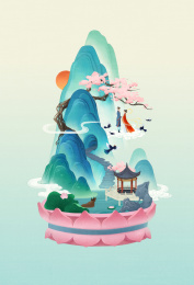 微景观莲花底座山水凉亭牛郎织七夕鹊桥相会