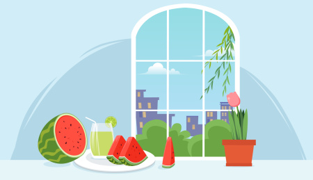 窗边清凉西瓜解暑冷饮矢量图设计