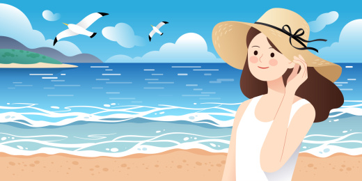 一个戴着草帽的女性在海边沙滩上