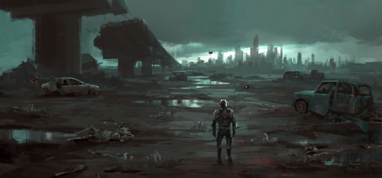 人类重返被毁灭的地球，数码绘画。