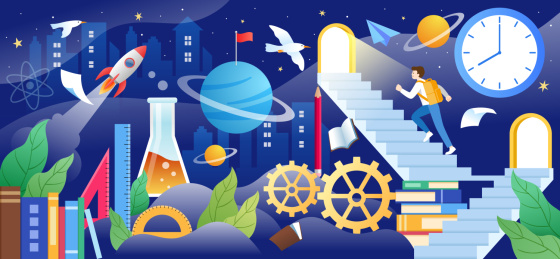 一个爬楼梯的学生和书本文具等背景横版