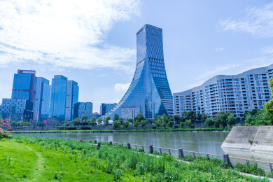 成都天府五街府河边建筑群风光