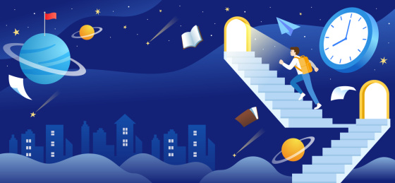 一个向上爬楼梯的学生和星空背景