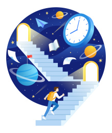 一个背着书包的男生爬楼梯和星空背景