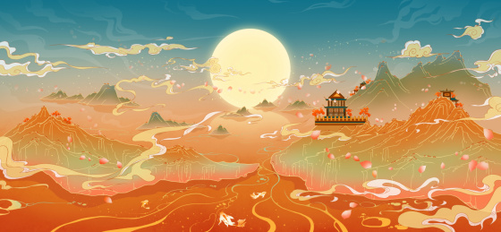 国潮风浪漫花瓣山水风景插画横