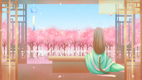 古代屋内，少女坐在桌边，看外面盛放桃花林